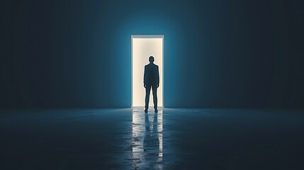 Obraz premium A silhouette of a person stands before a glowing doorway, symbolizing opportunity and exploration.