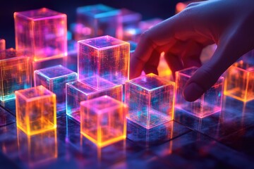A person explores a mysterious glowing cube on a table, great for futuristic or sci-fi themes
