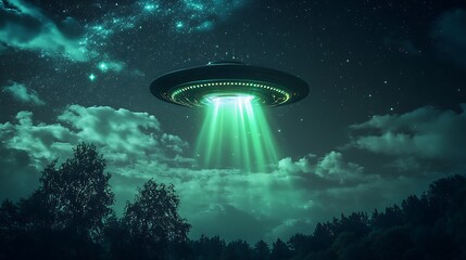 Alien Spaceship Hovering Over Night Forest