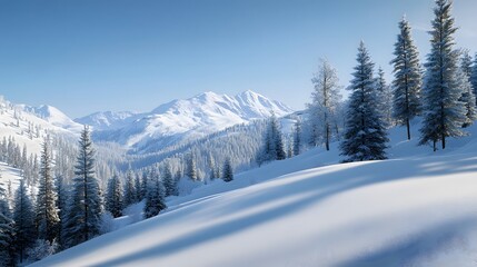 A serene winter scene of snow-covered hills and pine trees under a clear blue sky, framed by majestic mountain peaks.  .