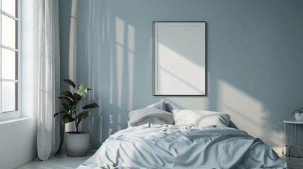 A minimalist bedroom with pastel-colored bedding and a single piece of wall art