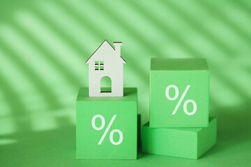 Sustainability Concept. Percent symbol, Green House on Green background. ESG. Eco House