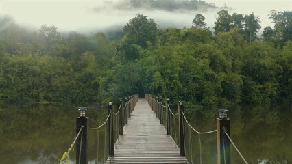 Scenic wooden bridge stretching across serene lake, surrounded by lush green forest and misty mountains in background, evoking tranquility and natural beauty. Nature and Serenity.