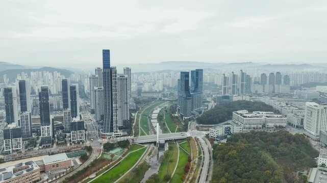 Drone View of Sejong City in South Korea, Park, Autumn, 60fps