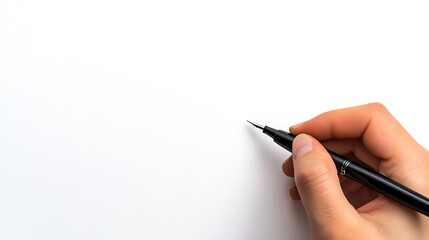 A hand holds a black pen above white paper
