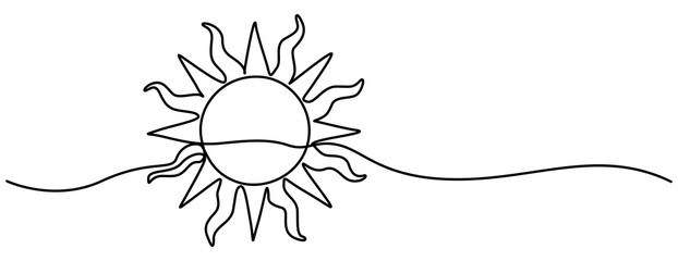 Sun continuous one line art drawing. Summer sun contour line sign. Vector illustration isolated on white background, Sunny Continuous Line Illustration. pro vector Single one line drawing sun concept.