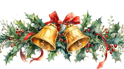 Festive Christmas Holly Wreath with Gold Bells and Red Ribbon