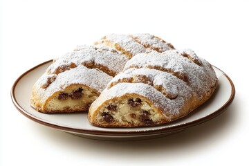Fototapeta premium holiday baking, german stollen adorned with sugar, on porcelain plate against white backdrop