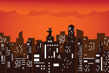 City vector illustration, sunset view in city with rows of aesthetic lights