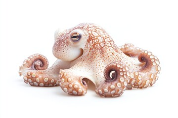 A close-up of an octopus's face on a white surface