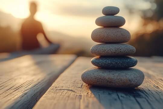 Zen stones in balance, sunset background, person meditating - Powered by Adobe