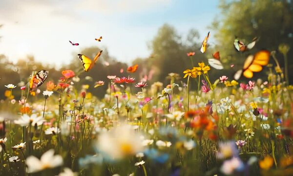 A field of flowers with many butterflies flying around. The butterflies are of different colors and sizes. The scene is peaceful and serene, with the butterflies fluttering around the flowers