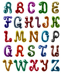 Twisted colorful glossy large latin letters drawn with paint isolated on a white background