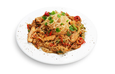 Asian food. Fried Thai Rice noodles with meat and vegetables. Chinese rice vermicelli with meat, parsley and peppers.