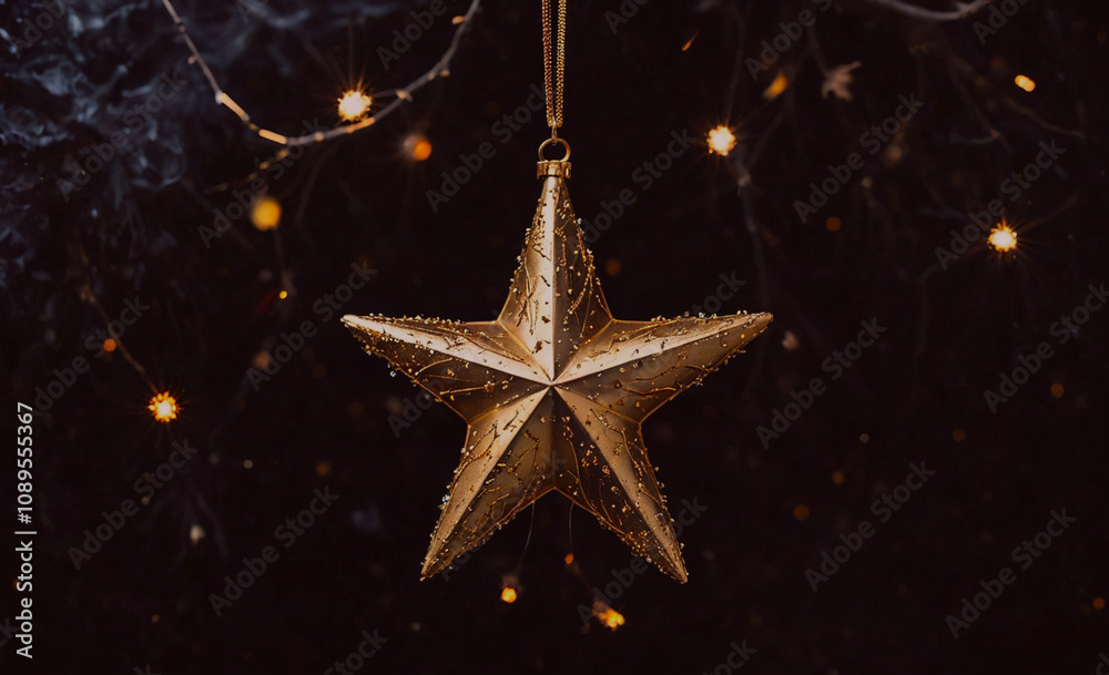 Poster A gold star is hanging from a string of lights. The star is surrounded by a dark background, which creates a sense of mystery and intrigue. The lights shining on the star add a warm and inviting glow