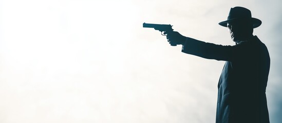 Silhouette of gangster raising gun, criminal or mafia concept, horizontal poster banner 
