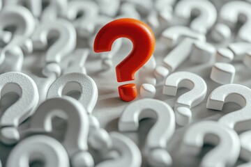 A cluster of white question marks, each with a red question mark in the center