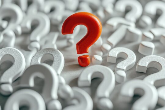 A cluster of white question marks, each with a red question mark in the center
