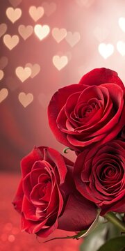 Romantische rote Rosen mit Herzen im Hintergrund
