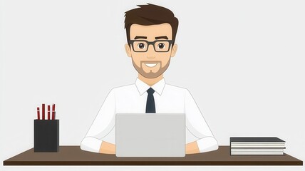 Professional man working on laptop at desk in modern office with stationery.