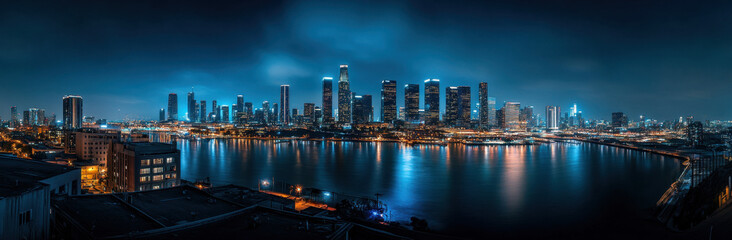 Fototapeta premium A panoramic view of a city skyline at night, reflecting on water.
