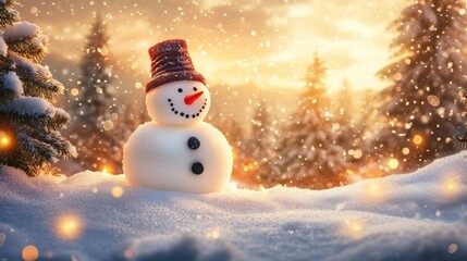 Obraz premium Snowman in a Winter Wonderland with Falling Snow and a Sunset