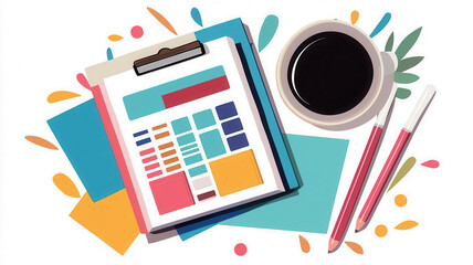 Colorful stationery with clipboard, calculator, coffee cup, and pens for office work.