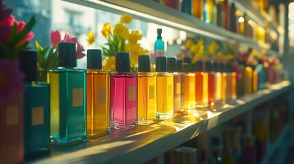 Fototapeta premium Colorful perfume bottles on shelf in sunlight.
