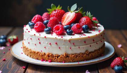 Luxurious Berry Cheesecake with Fresh Fruit Decoration in Rustic Style