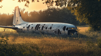 Fototapeta premium Twisted fuselage of abandoned airplane in overgrown field, sunlight filtering through cracks