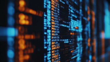 Obraz premium Close-up of Digital Code with Blue and Orange Highlights