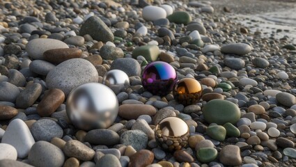 sea ​​pebbles on the beach and silver balls