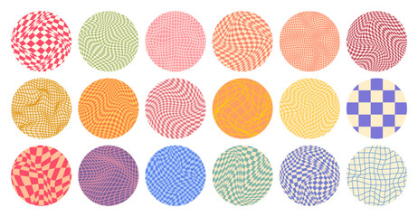 Groovy checkered pattern, round colorful tiled grid. Vintage wavy curved backdrop, distortion effect. Funky geometric chessboard texture, retro background in 90s style, y2k. Vector illustration