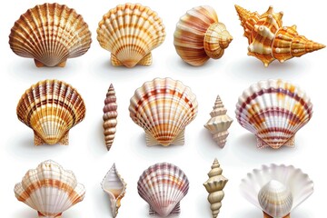 A collection of seashells on a white background, great for decoration or design
