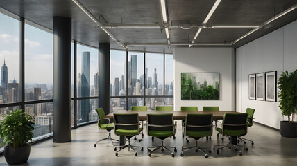 The conference room has many chairs around the table.