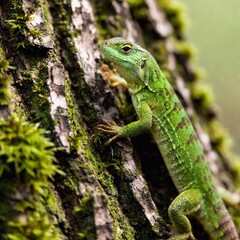 Fototapeta premium Extreme macro of a lizard clinging to a tree trunk covered in moss.