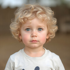 Naklejka premium El dulce rostro de un niño rubio con ojos azules y rizos dorados.