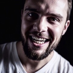 Obraz premium A close-up of a nightmarish figure's horrific grin, its teeth jagged and too sharp. The soft focus creates an eerie dreamlike effect as the edges of its face blur into the darkness