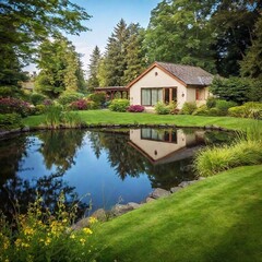 Obraz premium Cozy modern cottage surrounded by vibrant garden filled with wildflowers and small pond reflecting the sky.