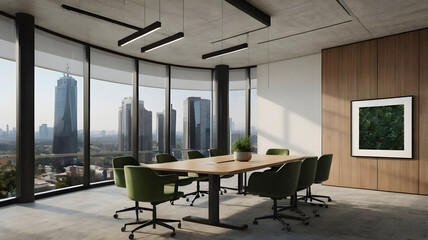 The conference room has many chairs around the table.