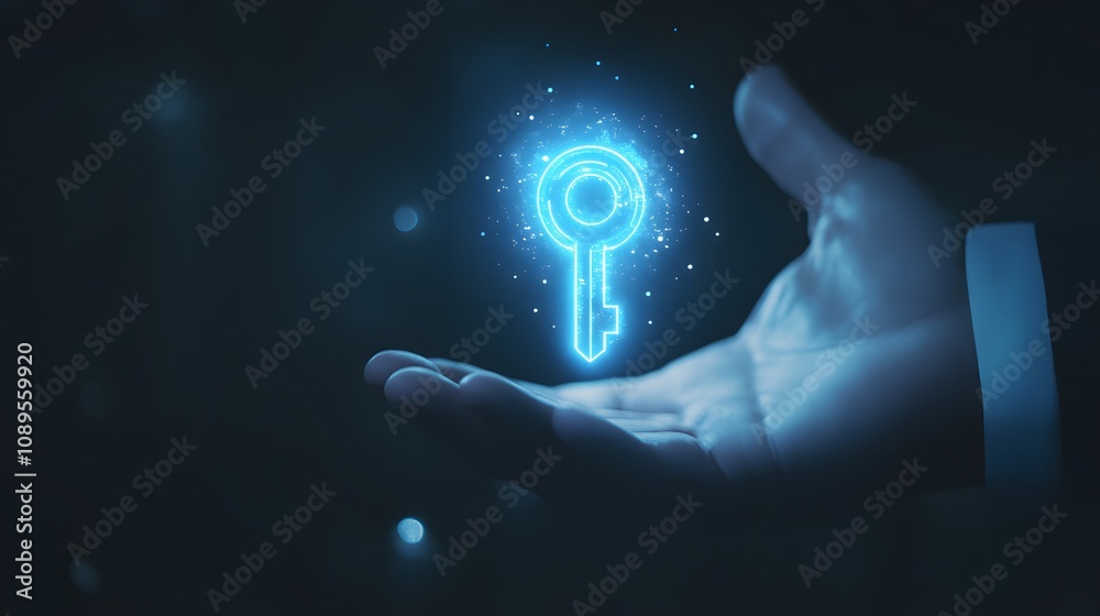 Poster digital key concept with glowing symbol transforming hands in a dark background, symbolizing securit