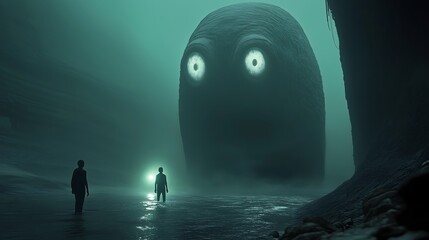 Naklejka premium Eyes of Dread: The Diver's Terrifying Revelation at the Ocean's Floor, 恐怖の目: 海底でのダイバーの恐ろしい啓示.Generative AI