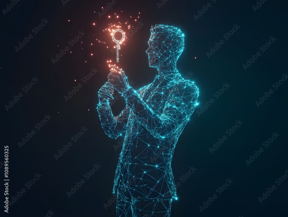 Poster futuristic concept of digital security with man holding key made of light particles representing pro
