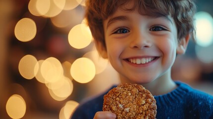 Happy Child Smiling Holding A Cookie Near Festive Lights