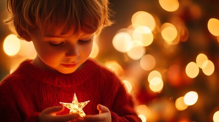 Young Child Holds Illuminated Star Christmas Lights