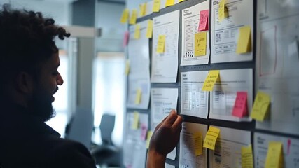 Project manager jotting down notes on a wall covered with documents and ideas during a brainstorming session for strategic planning