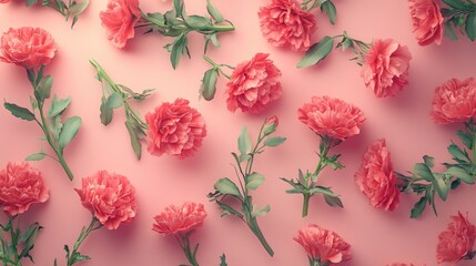 Bright carnations arranged on a pastel pink background, generative ai