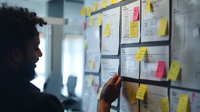 Project manager jotting down notes on a wall covered with documents and ideas during a brainstorming session for strategic planning
