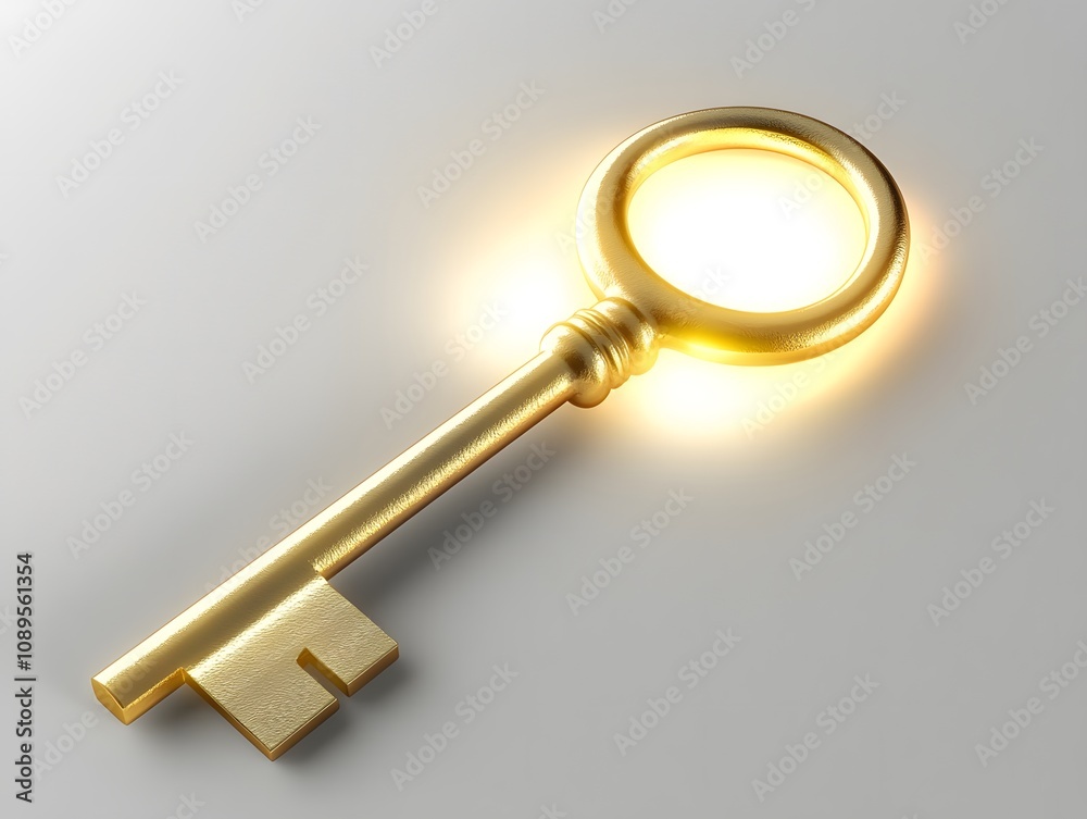 Poster shining golden key with radiant glow symbolizing success, opportunity, and security in a modern and 