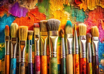 Fototapeta premium Brushes on canvas, vertical studio backdrop.